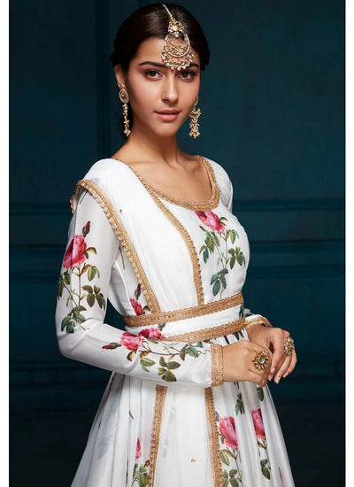 Anarkali in White Floral Printed Satin - Indian Clothing in Denver, CO, Aurora, CO, Boulder, CO, Fort Collins, CO, Colorado Springs, CO, Parker, CO, Highlands Ranch, CO, Cherry Creek, CO, Centennial, CO, and Longmont, CO. Nationwide shipping USA - India Fashion X