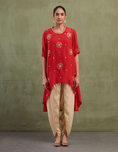 Red-Gold Asymmetrical Dhoti Set - Indian Clothing in Denver, CO, Aurora, CO, Boulder, CO, Fort Collins, CO, Colorado Springs, CO, Parker, CO, Highlands Ranch, CO, Cherry Creek, CO, Centennial, CO, and Longmont, CO. Nationwide shipping USA - India Fashion X