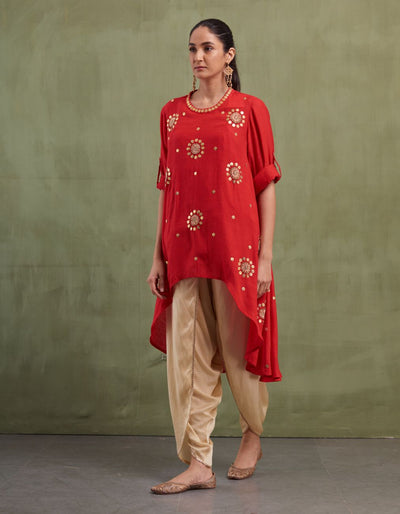 Red-Gold Asymmetrical Dhoti Set - Indian Clothing in Denver, CO, Aurora, CO, Boulder, CO, Fort Collins, CO, Colorado Springs, CO, Parker, CO, Highlands Ranch, CO, Cherry Creek, CO, Centennial, CO, and Longmont, CO. Nationwide shipping USA - India Fashion X