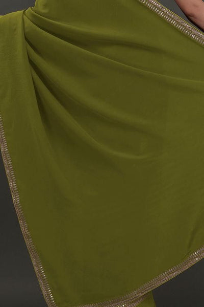 Saree in Avocado Green in Silver Embroidery - Indian Clothing in Denver, CO, Aurora, CO, Boulder, CO, Fort Collins, CO, Colorado Springs, CO, Parker, CO, Highlands Ranch, CO, Cherry Creek, CO, Centennial, CO, and Longmont, CO. Nationwide shipping USA - India Fashion X