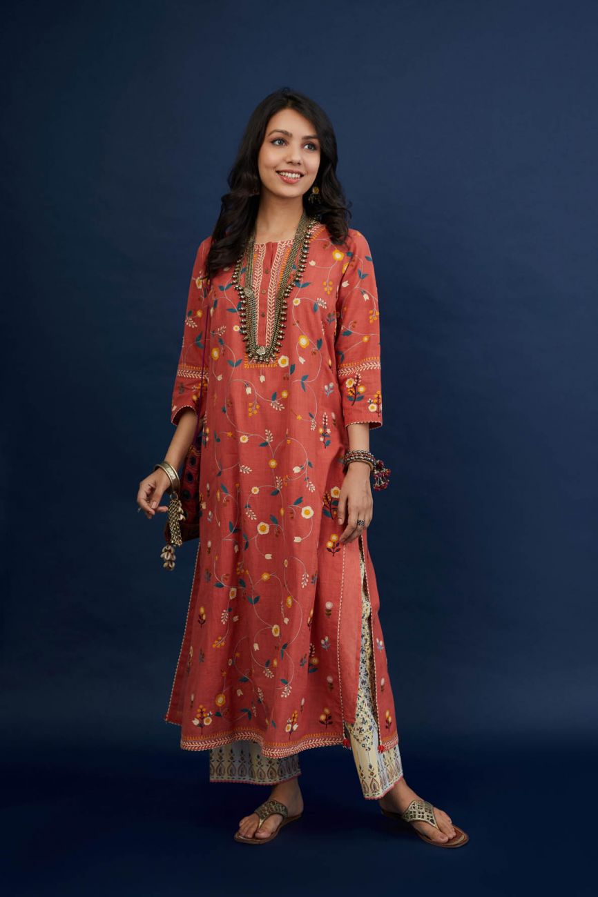 Brick Red Cotton Kurta Set - Indian Clothing in Denver, CO, Aurora, CO, Boulder, CO, Fort Collins, CO, Colorado Springs, CO, Parker, CO, Highlands Ranch, CO, Cherry Creek, CO, Centennial, CO, and Longmont, CO. Nationwide shipping USA - India Fashion X