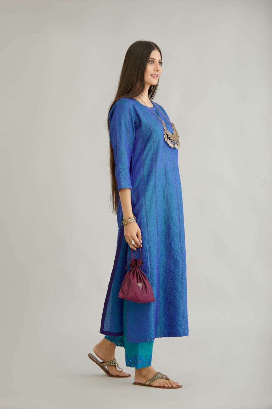 Blue Crushed Silk Kurta Set - Indian Clothing in Denver, CO, Aurora, CO, Boulder, CO, Fort Collins, CO, Colorado Springs, CO, Parker, CO, Highlands Ranch, CO, Cherry Creek, CO, Centennial, CO, and Longmont, CO. Nationwide shipping USA - India Fashion X