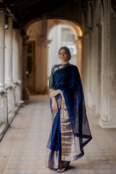 Navy Blue Organza Saree - Indian Clothing in Denver, CO, Aurora, CO, Boulder, CO, Fort Collins, CO, Colorado Springs, CO, Parker, CO, Highlands Ranch, CO, Cherry Creek, CO, Centennial, CO, and Longmont, CO. Nationwide shipping USA - India Fashion X