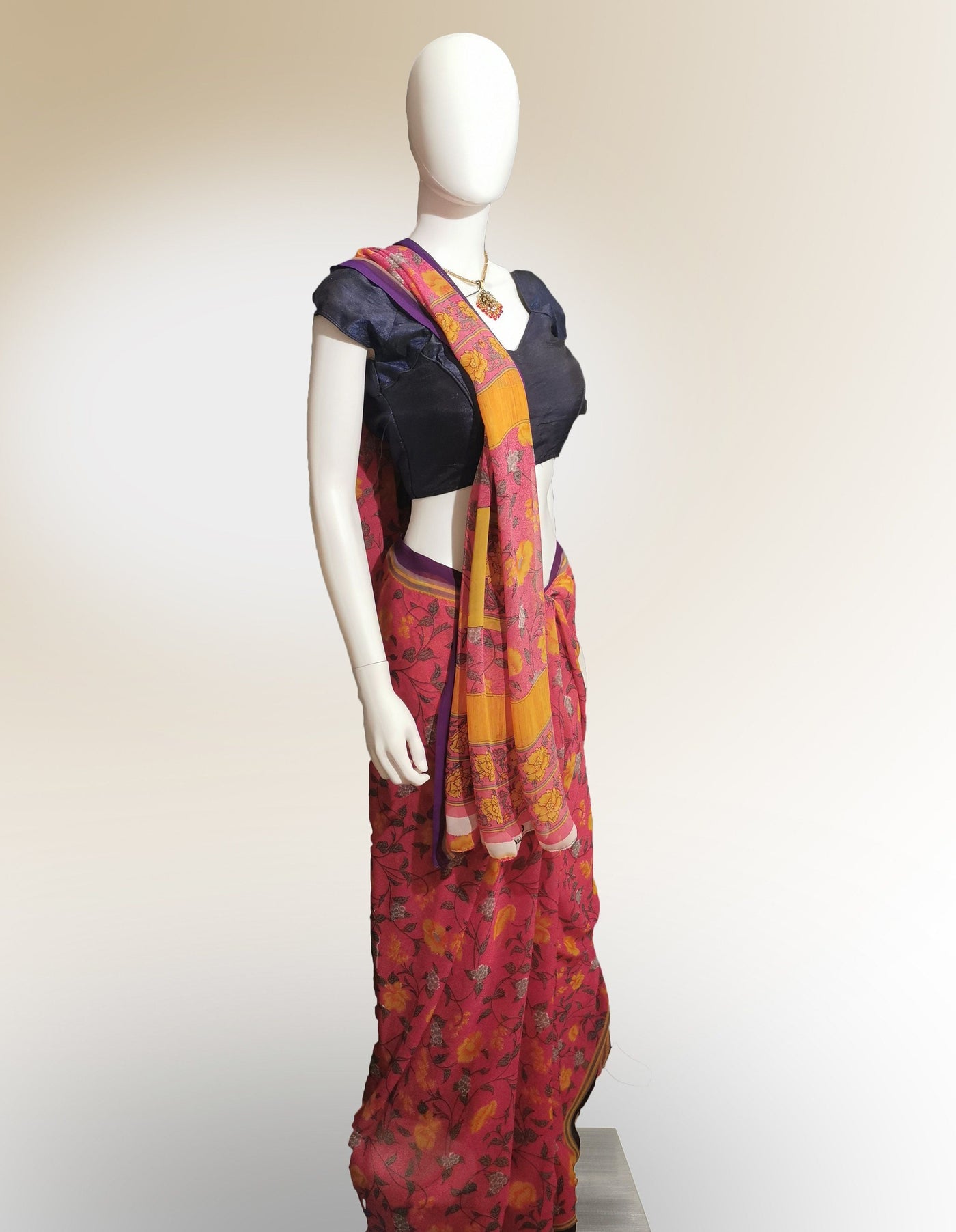Saree in Mango and Pink Floral Motif - Indian Clothing in Denver, CO, Aurora, CO, Boulder, CO, Fort Collins, CO, Colorado Springs, CO, Parker, CO, Highlands Ranch, CO, Cherry Creek, CO, Centennial, CO, and Longmont, CO. Nationwide shipping USA - India Fashion X