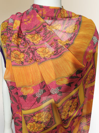 Saree in Mango and Pink Floral Motif - Indian Clothing in Denver, CO, Aurora, CO, Boulder, CO, Fort Collins, CO, Colorado Springs, CO, Parker, CO, Highlands Ranch, CO, Cherry Creek, CO, Centennial, CO, and Longmont, CO. Nationwide shipping USA - India Fashion X