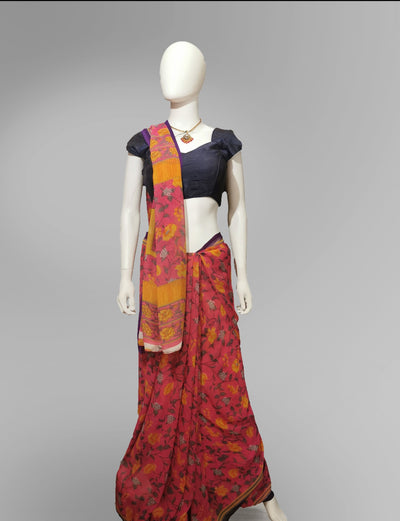 Saree in Mango and Pink Floral Motif - Indian Clothing in Denver, CO, Aurora, CO, Boulder, CO, Fort Collins, CO, Colorado Springs, CO, Parker, CO, Highlands Ranch, CO, Cherry Creek, CO, Centennial, CO, and Longmont, CO. Nationwide shipping USA - India Fashion X