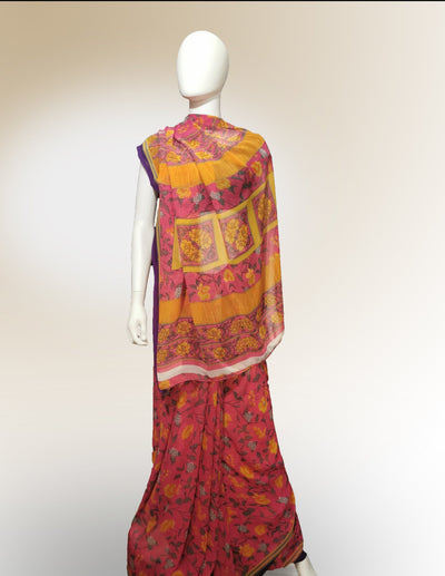 Saree in Mango and Pink Floral Motif - Indian Clothing in Denver, CO, Aurora, CO, Boulder, CO, Fort Collins, CO, Colorado Springs, CO, Parker, CO, Highlands Ranch, CO, Cherry Creek, CO, Centennial, CO, and Longmont, CO. Nationwide shipping USA - India Fashion X