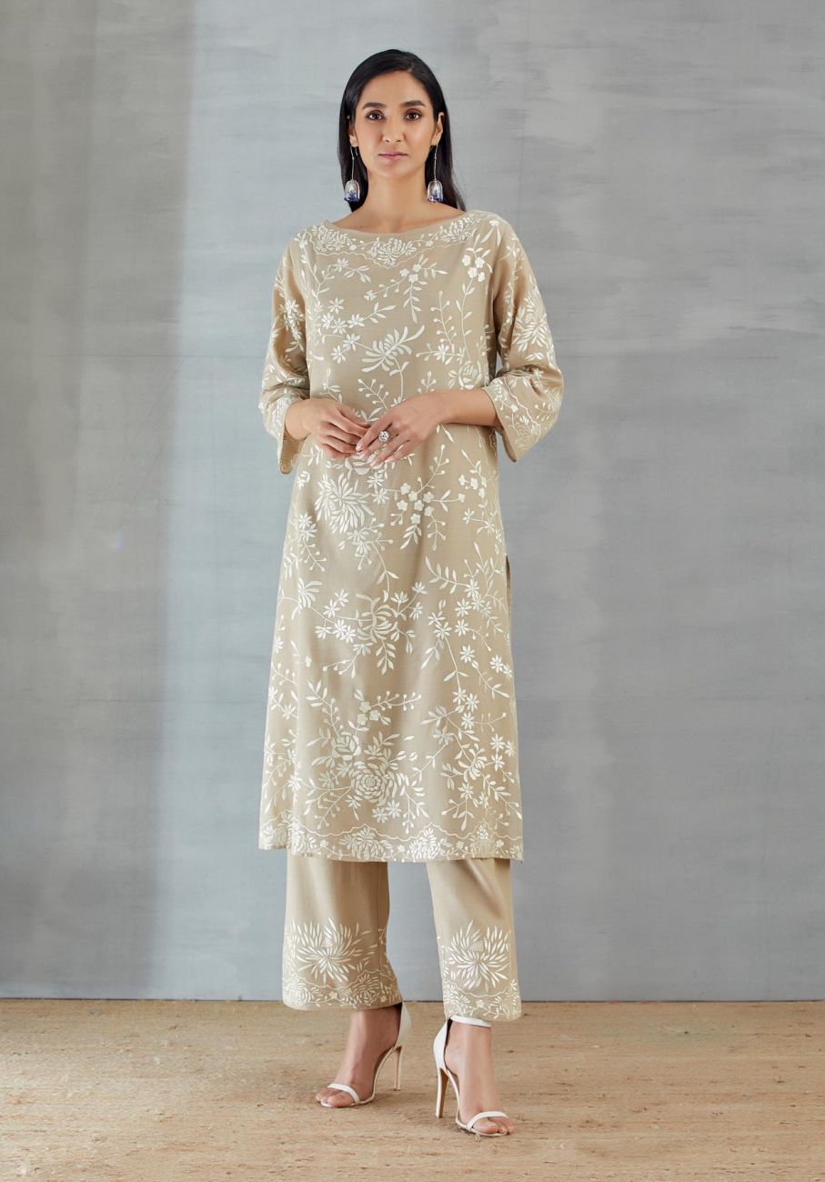 Natural And Ecru Kurta Set - Indian Clothing in Denver, CO, Aurora, CO, Boulder, CO, Fort Collins, CO, Colorado Springs, CO, Parker, CO, Highlands Ranch, CO, Cherry Creek, CO, Centennial, CO, and Longmont, CO. Nationwide shipping USA - India Fashion X