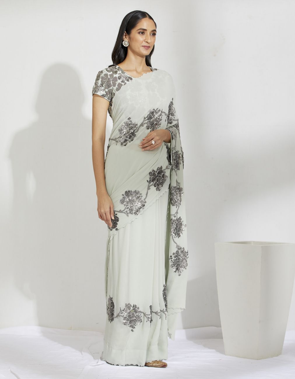 Mint And Silver Floral Bead Saree - Indian Clothing in Denver, CO, Aurora, CO, Boulder, CO, Fort Collins, CO, Colorado Springs, CO, Parker, CO, Highlands Ranch, CO, Cherry Creek, CO, Centennial, CO, and Longmont, CO. Nationwide shipping USA - India Fashion X