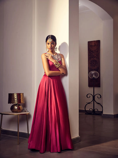 Rose Pink Satin Anarkali Indian Clothing in Denver, CO, Aurora, CO, Boulder, CO, Fort Collins, CO, Colorado Springs, CO, Parker, CO, Highlands Ranch, CO, Cherry Creek, CO, Centennial, CO, and Longmont, CO. NATIONWIDE SHIPPING USA- India Fashion X