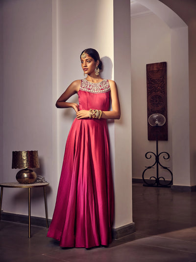 Rose Pink Satin Anarkali Indian Clothing in Denver, CO, Aurora, CO, Boulder, CO, Fort Collins, CO, Colorado Springs, CO, Parker, CO, Highlands Ranch, CO, Cherry Creek, CO, Centennial, CO, and Longmont, CO. NATIONWIDE SHIPPING USA- India Fashion X