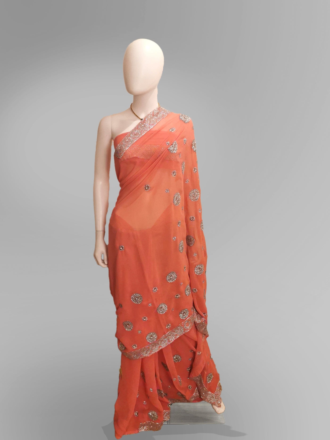 Saree in Vibrant Salmon Pink Pure Georgette - Indian Clothing in Denver, CO, Aurora, CO, Boulder, CO, Fort Collins, CO, Colorado Springs, CO, Parker, CO, Highlands Ranch, CO, Cherry Creek, CO, Centennial, CO, and Longmont, CO. Nationwide shipping USA - India Fashion X