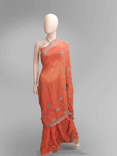 Saree in Vibrant Salmon Pink Pure Georgette - Indian Clothing in Denver, CO, Aurora, CO, Boulder, CO, Fort Collins, CO, Colorado Springs, CO, Parker, CO, Highlands Ranch, CO, Cherry Creek, CO, Centennial, CO, and Longmont, CO. Nationwide shipping USA - India Fashion X