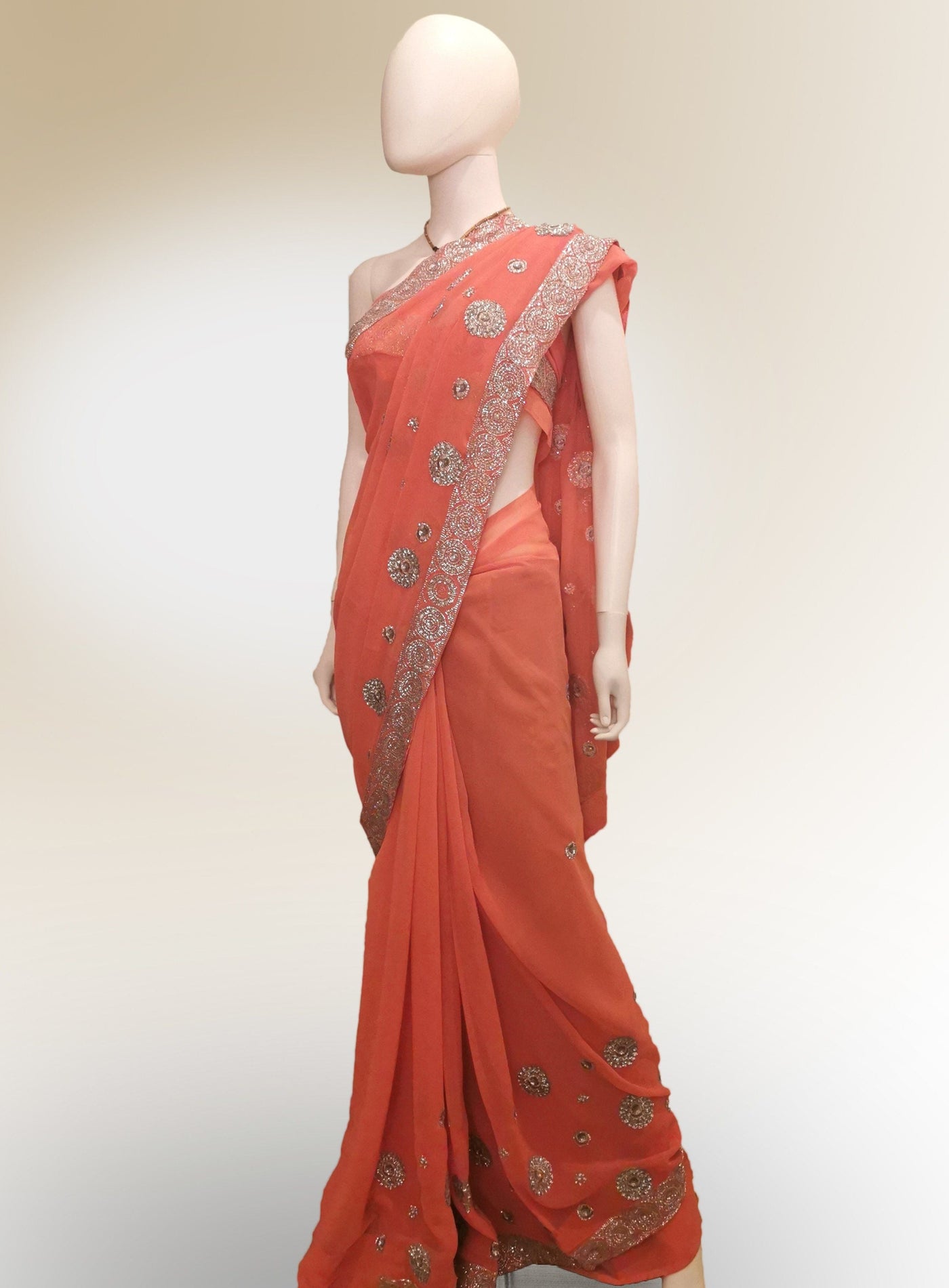 Saree in Vibrant Salmon Pink Pure Georgette - Indian Clothing in Denver, CO, Aurora, CO, Boulder, CO, Fort Collins, CO, Colorado Springs, CO, Parker, CO, Highlands Ranch, CO, Cherry Creek, CO, Centennial, CO, and Longmont, CO. Nationwide shipping USA - India Fashion X