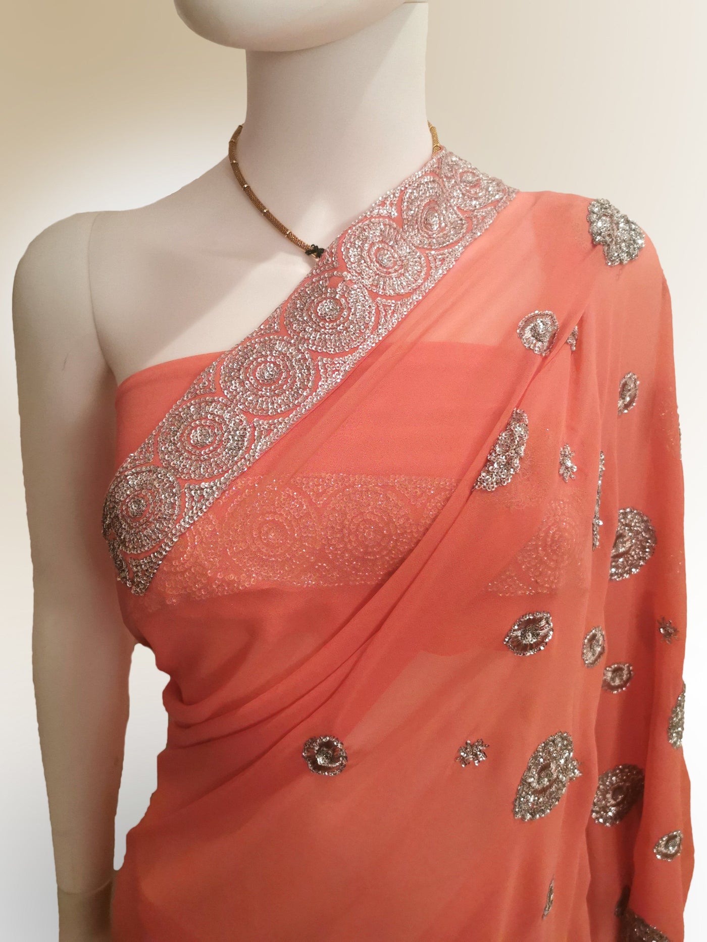 Saree in Vibrant Salmon Pink Pure Georgette - Indian Clothing in Denver, CO, Aurora, CO, Boulder, CO, Fort Collins, CO, Colorado Springs, CO, Parker, CO, Highlands Ranch, CO, Cherry Creek, CO, Centennial, CO, and Longmont, CO. Nationwide shipping USA - India Fashion X