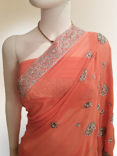 Saree in Vibrant Salmon Pink Pure Georgette - Indian Clothing in Denver, CO, Aurora, CO, Boulder, CO, Fort Collins, CO, Colorado Springs, CO, Parker, CO, Highlands Ranch, CO, Cherry Creek, CO, Centennial, CO, and Longmont, CO. Nationwide shipping USA - India Fashion X