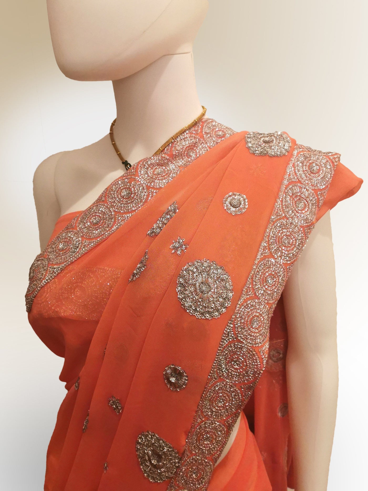 Saree in Vibrant Salmon Pink Pure Georgette - Indian Clothing in Denver, CO, Aurora, CO, Boulder, CO, Fort Collins, CO, Colorado Springs, CO, Parker, CO, Highlands Ranch, CO, Cherry Creek, CO, Centennial, CO, and Longmont, CO. Nationwide shipping USA - India Fashion X