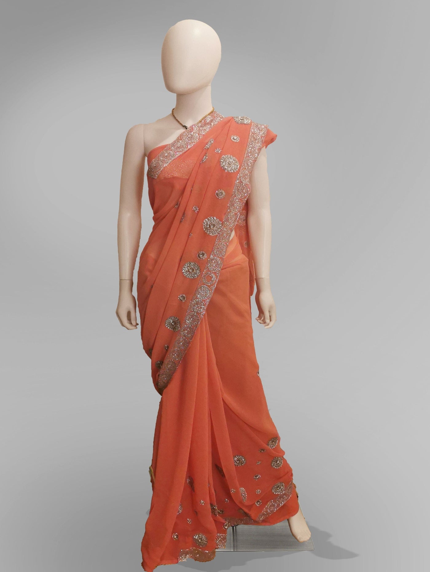 Saree in Vibrant Salmon Pink Pure Georgette - Indian Clothing in Denver, CO, Aurora, CO, Boulder, CO, Fort Collins, CO, Colorado Springs, CO, Parker, CO, Highlands Ranch, CO, Cherry Creek, CO, Centennial, CO, and Longmont, CO. Nationwide shipping USA - India Fashion X