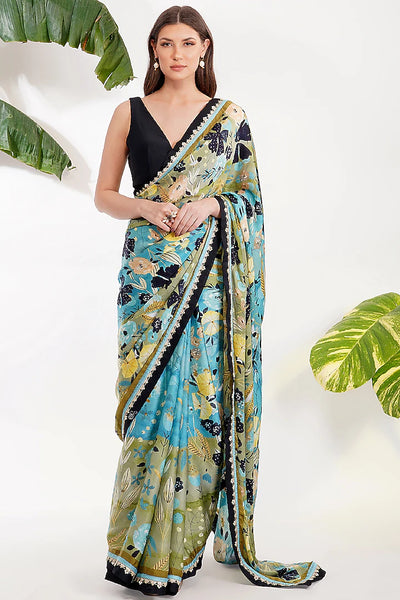 Sky Blue Printed Saree Set - Indian Clothing in Denver, CO, Aurora, CO, Boulder, CO, Fort Collins, CO, Colorado Springs, CO, Parker, CO, Highlands Ranch, CO, Cherry Creek, CO, Centennial, CO, and Longmont, CO. Nationwide shipping USA - India Fashion X