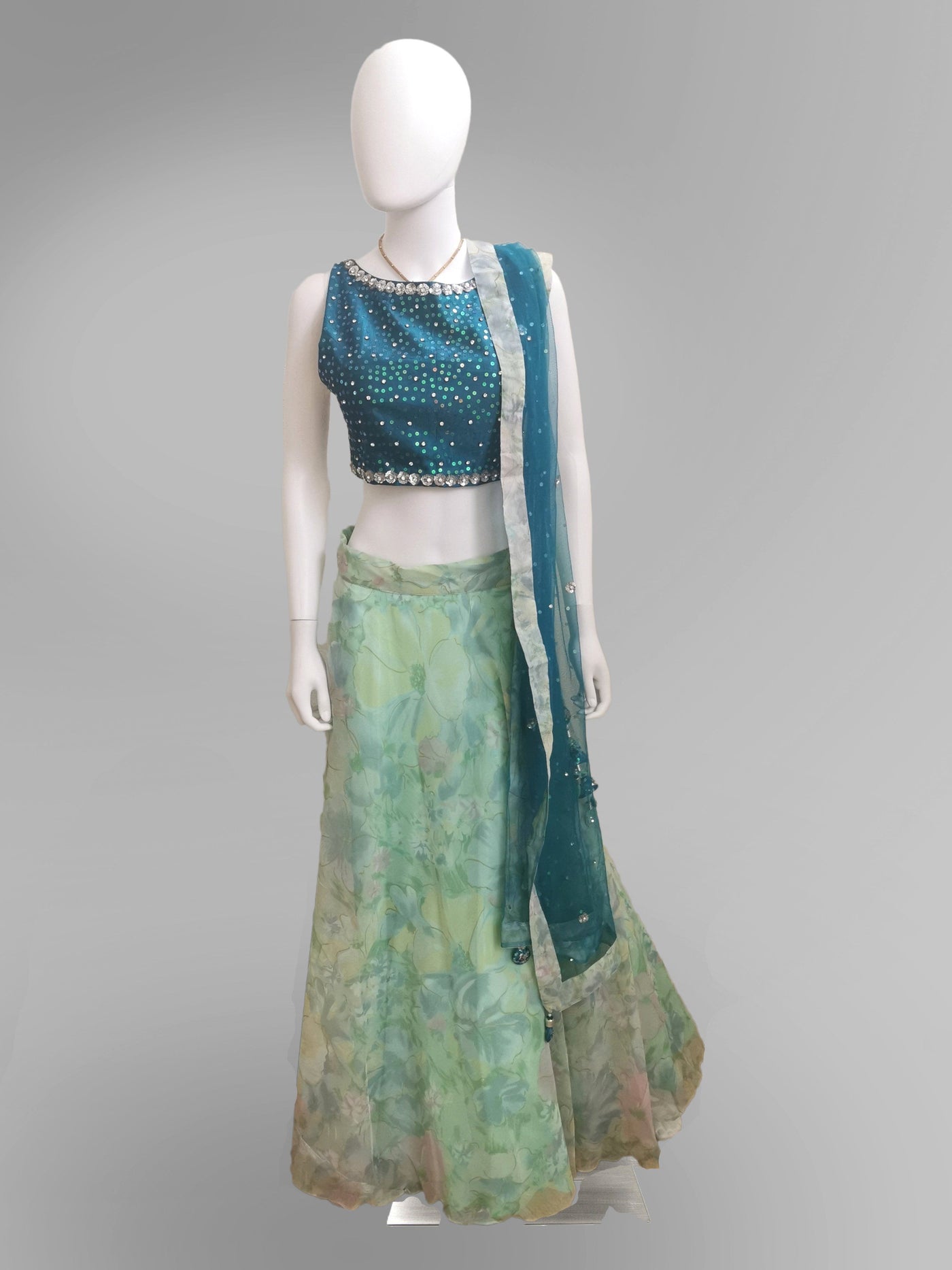 Lehenga in Marina Blue Green with Layered Floral Skirt - Indian Clothing in Denver, CO, Aurora, CO, Boulder, CO, Fort Collins, CO, Colorado Springs, CO, Parker, CO, Highlands Ranch, CO, Cherry Creek, CO, Centennial, CO, and Longmont, CO. Nationwide shipping USA - India Fashion X