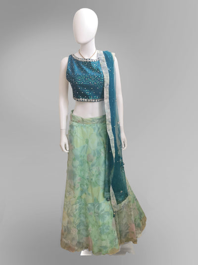 Lehenga in Marina Blue Green with Layered Floral Skirt - Indian Clothing in Denver, CO, Aurora, CO, Boulder, CO, Fort Collins, CO, Colorado Springs, CO, Parker, CO, Highlands Ranch, CO, Cherry Creek, CO, Centennial, CO, and Longmont, CO. Nationwide shipping USA - India Fashion X