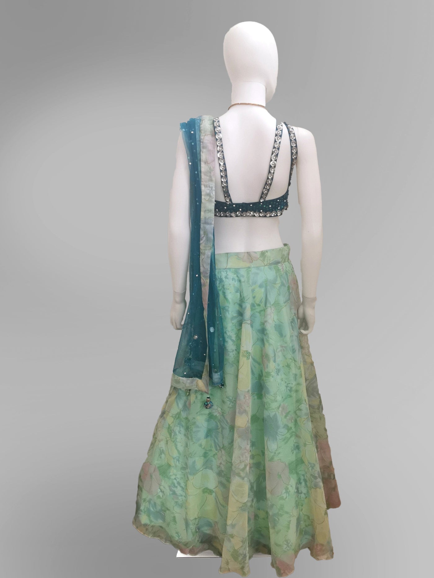 Lehenga in Marina Blue Green with Layered Floral Skirt - Indian Clothing in Denver, CO, Aurora, CO, Boulder, CO, Fort Collins, CO, Colorado Springs, CO, Parker, CO, Highlands Ranch, CO, Cherry Creek, CO, Centennial, CO, and Longmont, CO. Nationwide shipping USA - India Fashion X