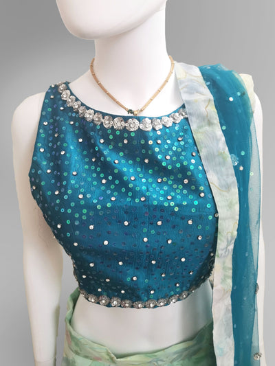 Lehenga in Marina Blue Green with Layered Floral Skirt - Indian Clothing in Denver, CO, Aurora, CO, Boulder, CO, Fort Collins, CO, Colorado Springs, CO, Parker, CO, Highlands Ranch, CO, Cherry Creek, CO, Centennial, CO, and Longmont, CO. Nationwide shipping USA - India Fashion X