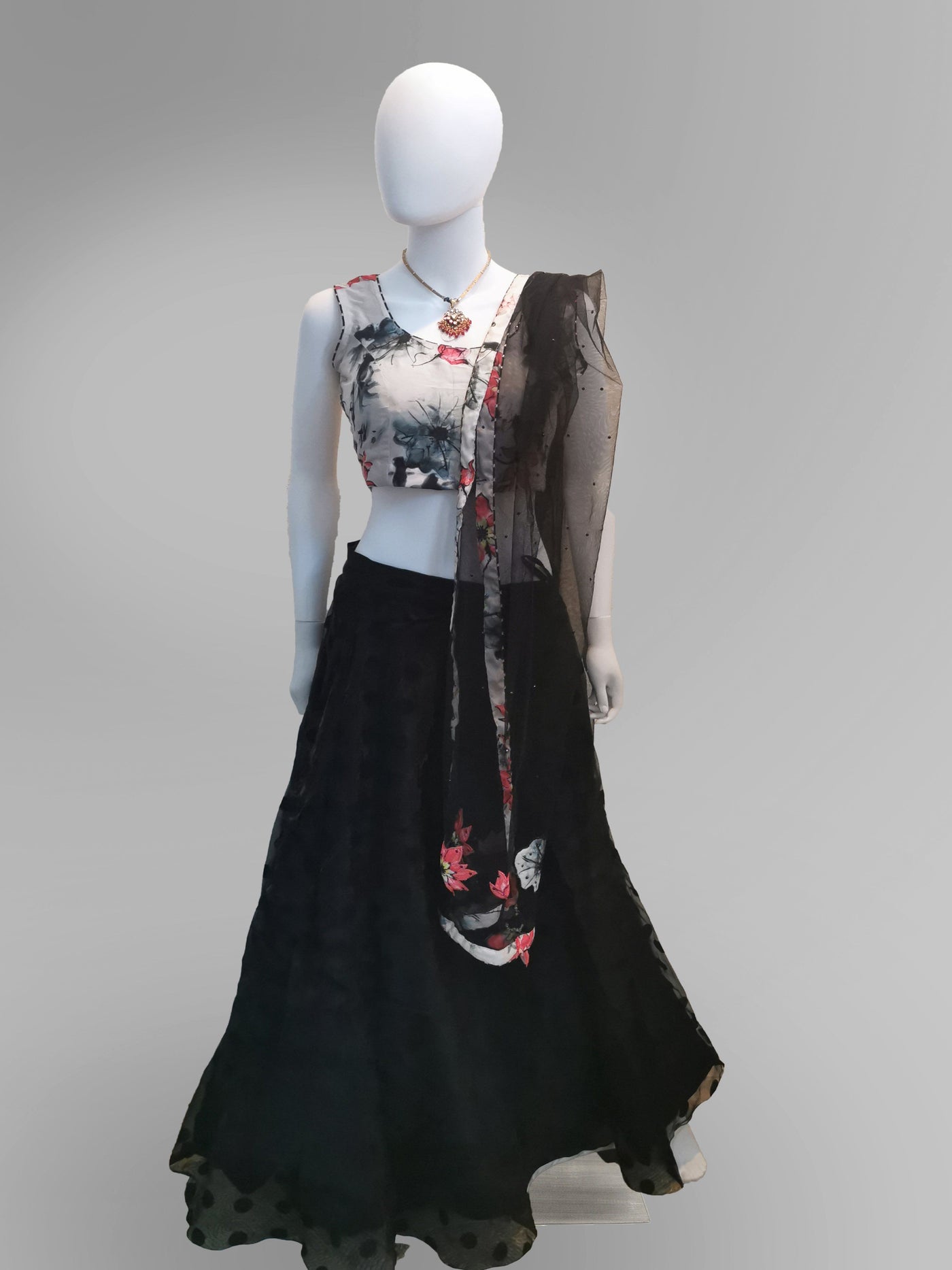 Lehenga in Floral motif and Off-White and Black Scheme - Indian Clothing in Denver, CO, Aurora, CO, Boulder, CO, Fort Collins, CO, Colorado Springs, CO, Parker, CO, Highlands Ranch, CO, Cherry Creek, CO, Centennial, CO, and Longmont, CO. Nationwide shipping USA - India Fashion X