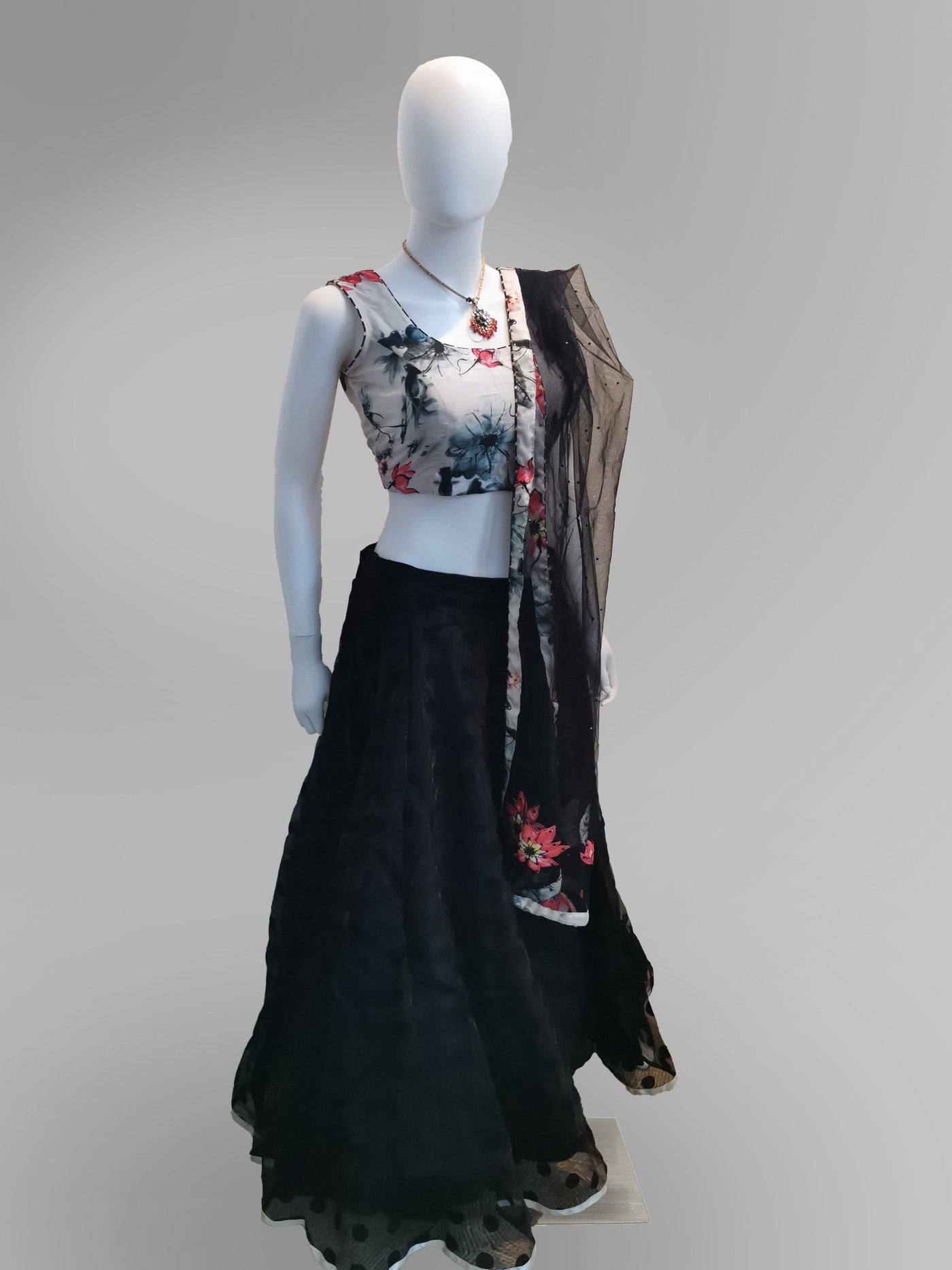 Lehenga in Floral motif and Off-White and Black Scheme - Indian Clothing in Denver, CO, Aurora, CO, Boulder, CO, Fort Collins, CO, Colorado Springs, CO, Parker, CO, Highlands Ranch, CO, Cherry Creek, CO, Centennial, CO, and Longmont, CO. Nationwide shipping USA - India Fashion X