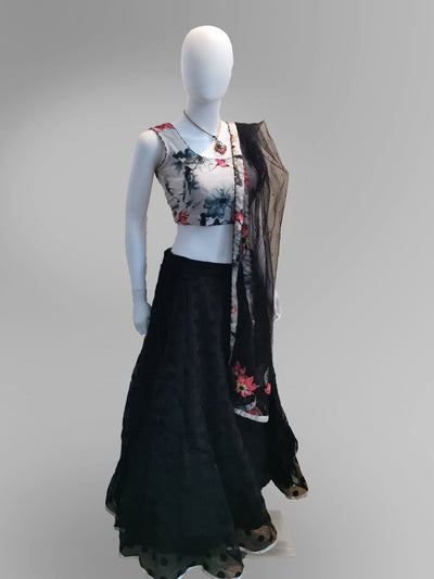 Lehenga in Floral motif and Off-White and Black Scheme - Indian Clothing in Denver, CO, Aurora, CO, Boulder, CO, Fort Collins, CO, Colorado Springs, CO, Parker, CO, Highlands Ranch, CO, Cherry Creek, CO, Centennial, CO, and Longmont, CO. Nationwide shipping USA - India Fashion X