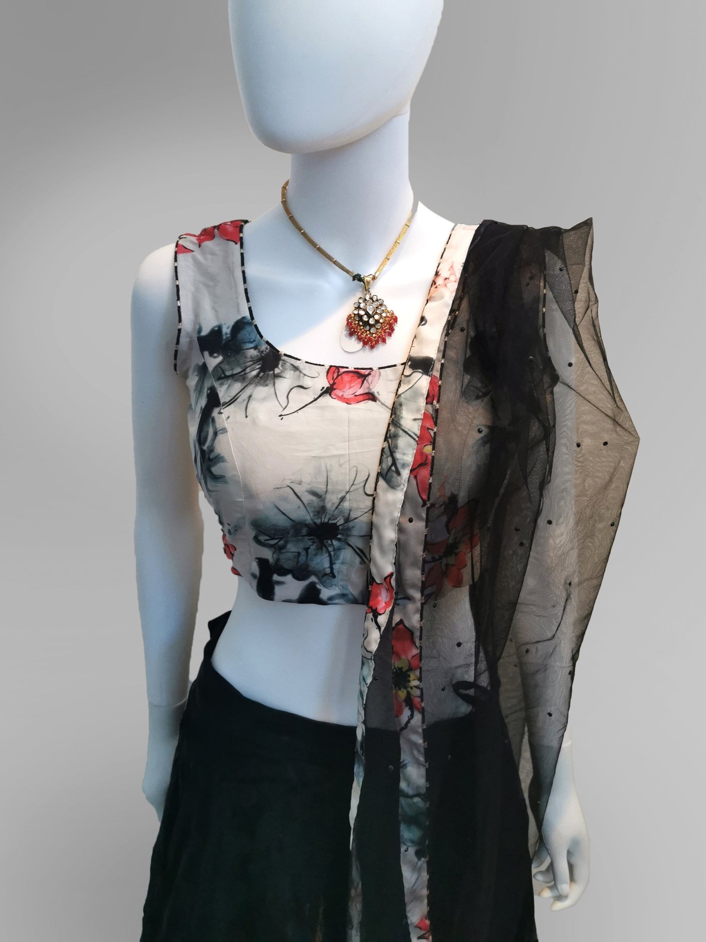 Lehenga in Floral motif and Off-White and Black Scheme - Indian Clothing in Denver, CO, Aurora, CO, Boulder, CO, Fort Collins, CO, Colorado Springs, CO, Parker, CO, Highlands Ranch, CO, Cherry Creek, CO, Centennial, CO, and Longmont, CO. Nationwide shipping USA - India Fashion X