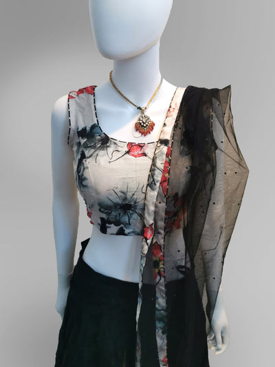 Lehenga in Floral motif and Off-White and Black Scheme - Indian Clothing in Denver, CO, Aurora, CO, Boulder, CO, Fort Collins, CO, Colorado Springs, CO, Parker, CO, Highlands Ranch, CO, Cherry Creek, CO, Centennial, CO, and Longmont, CO. Nationwide shipping USA - India Fashion X