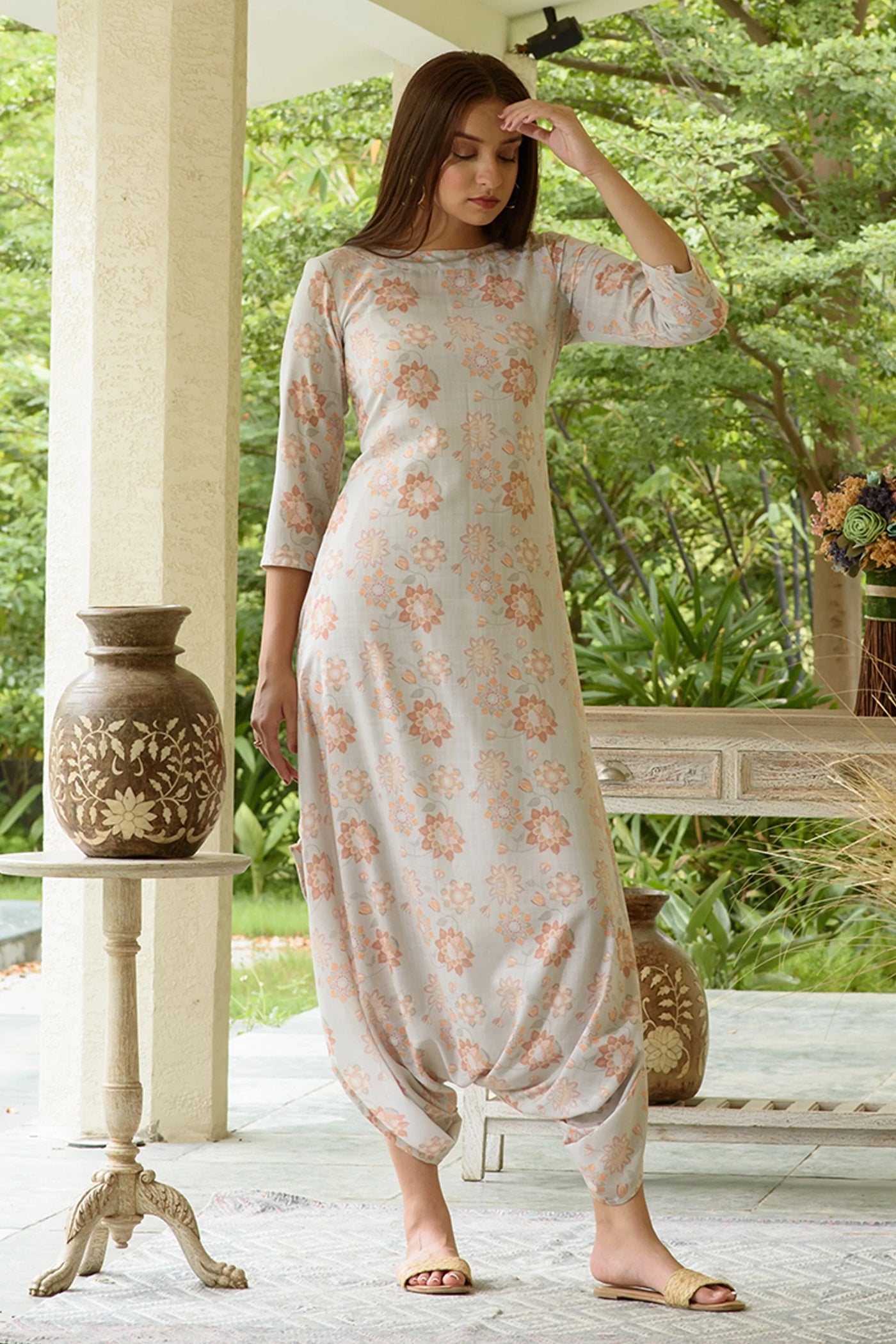 Linen Floral Printed Dhoti Jumpsuit - Indian Clothing in Denver, CO, Aurora, CO, Boulder, CO, Fort Collins, CO, Colorado Springs, CO, Parker, CO, Highlands Ranch, CO, Cherry Creek, CO, Centennial, CO, and Longmont, CO. Nationwide shipping USA - India Fashion X