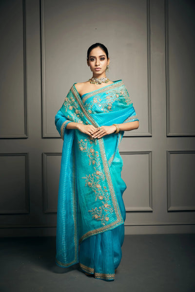 Ombré Blue Organza Saree Indian Clothing in Denver, CO, Aurora, CO, Boulder, CO, Fort Collins, CO, Colorado Springs, CO, Parker, CO, Highlands Ranch, CO, Cherry Creek, CO, Centennial, CO, and Longmont, CO. NATIONWIDE SHIPPING USA- India Fashion X