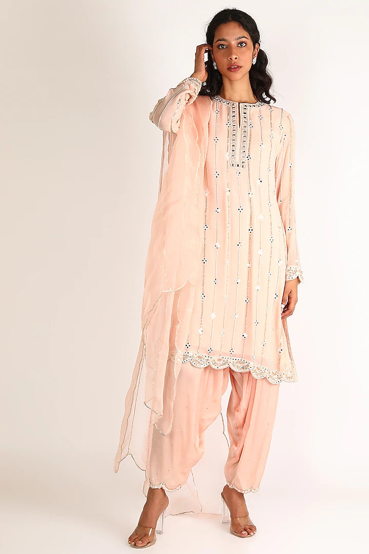 Peach Mirror Work Salwar Set - Indian Clothing in Denver, CO, Aurora, CO, Boulder, CO, Fort Collins, CO, Colorado Springs, CO, Parker, CO, Highlands Ranch, CO, Cherry Creek, CO, Centennial, CO, and Longmont, CO. Nationwide shipping USA - India Fashion X
