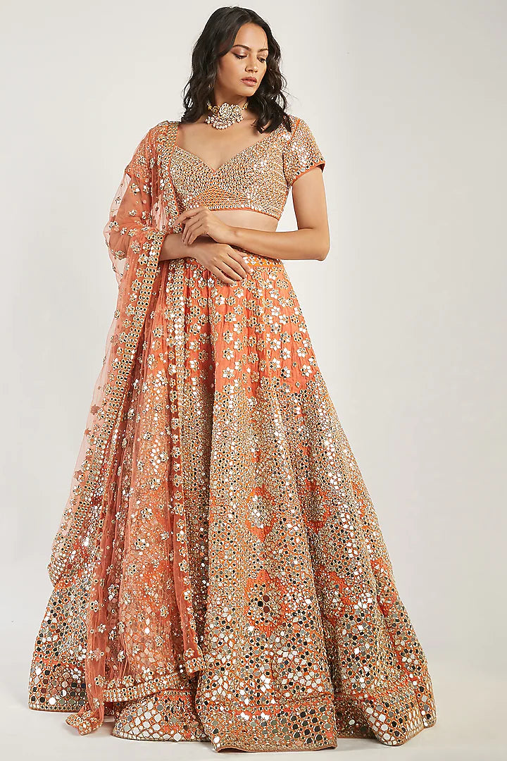 Orange Mirror Work Lehenga Set - Indian Clothing in Denver, CO, Aurora, CO, Boulder, CO, Fort Collins, CO, Colorado Springs, CO, Parker, CO, Highlands Ranch, CO, Cherry Creek, CO, Centennial, CO, and Longmont, CO. Nationwide shipping USA - India Fashion X