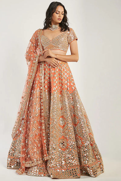 Orange Mirror Work Lehenga Set - Indian Clothing in Denver, CO, Aurora, CO, Boulder, CO, Fort Collins, CO, Colorado Springs, CO, Parker, CO, Highlands Ranch, CO, Cherry Creek, CO, Centennial, CO, and Longmont, CO. Nationwide shipping USA - India Fashion X