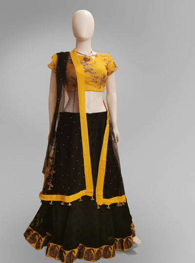 Lehenga in Black and Yellow - Indian Clothing in Denver, CO, Aurora, CO, Boulder, CO, Fort Collins, CO, Colorado Springs, CO, Parker, CO, Highlands Ranch, CO, Cherry Creek, CO, Centennial, CO, and Longmont, CO. Nationwide shipping USA - India Fashion X