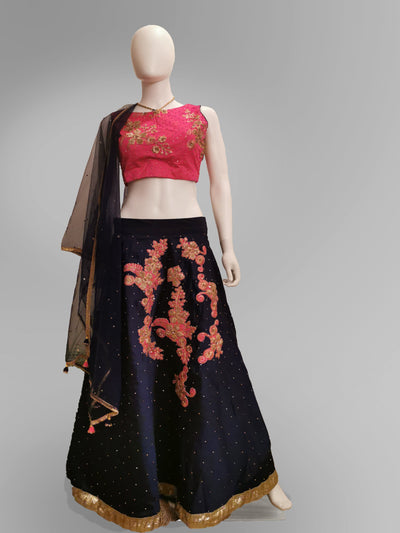 Lehenga in Pure Silk Navy - Indian Clothing in Denver, CO, Aurora, CO, Boulder, CO, Fort Collins, CO, Colorado Springs, CO, Parker, CO, Highlands Ranch, CO, Cherry Creek, CO, Centennial, CO, and Longmont, CO. Nationwide shipping USA - India Fashion X
