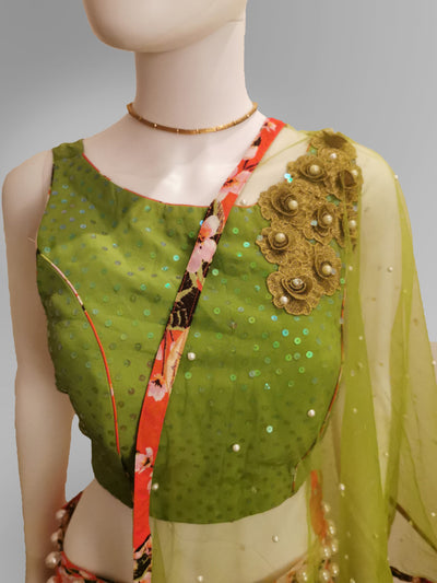 Lehenga in Coral Pink in Floral Motif and Green Strap Blouse - Indian Clothing in Denver, CO, Aurora, CO, Boulder, CO, Fort Collins, CO, Colorado Springs, CO, Parker, CO, Highlands Ranch, CO, Cherry Creek, CO, Centennial, CO, and Longmont, CO. Nationwide shipping USA - India Fashion X