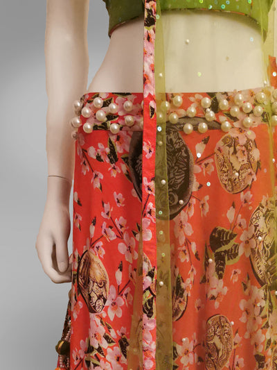 Lehenga in Coral Pink in Floral Motif and Green Strap Blouse - Indian Clothing in Denver, CO, Aurora, CO, Boulder, CO, Fort Collins, CO, Colorado Springs, CO, Parker, CO, Highlands Ranch, CO, Cherry Creek, CO, Centennial, CO, and Longmont, CO. Nationwide shipping USA - India Fashion X