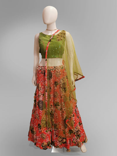 Lehenga in Coral Pink in Floral Motif and Green Strap Blouse - Indian Clothing in Denver, CO, Aurora, CO, Boulder, CO, Fort Collins, CO, Colorado Springs, CO, Parker, CO, Highlands Ranch, CO, Cherry Creek, CO, Centennial, CO, and Longmont, CO. Nationwide shipping USA - India Fashion X