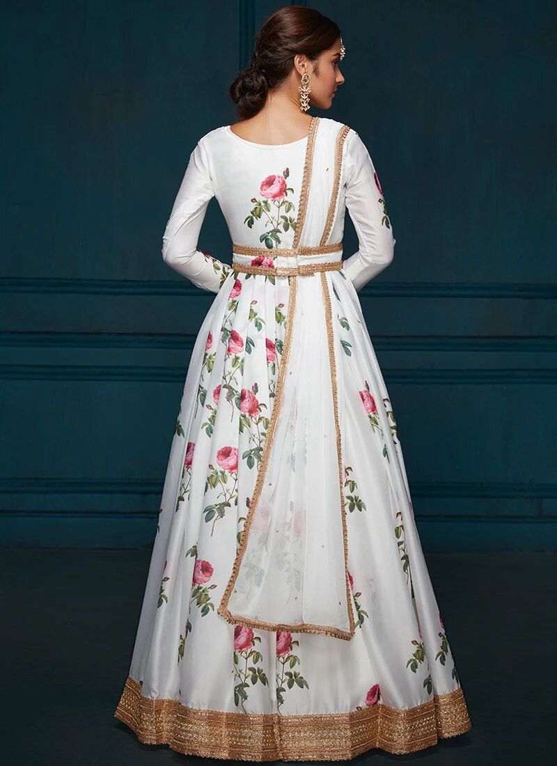 Anarkali in White Floral Printed Satin - Indian Clothing in Denver, CO, Aurora, CO, Boulder, CO, Fort Collins, CO, Colorado Springs, CO, Parker, CO, Highlands Ranch, CO, Cherry Creek, CO, Centennial, CO, and Longmont, CO. Nationwide shipping USA - India Fashion X