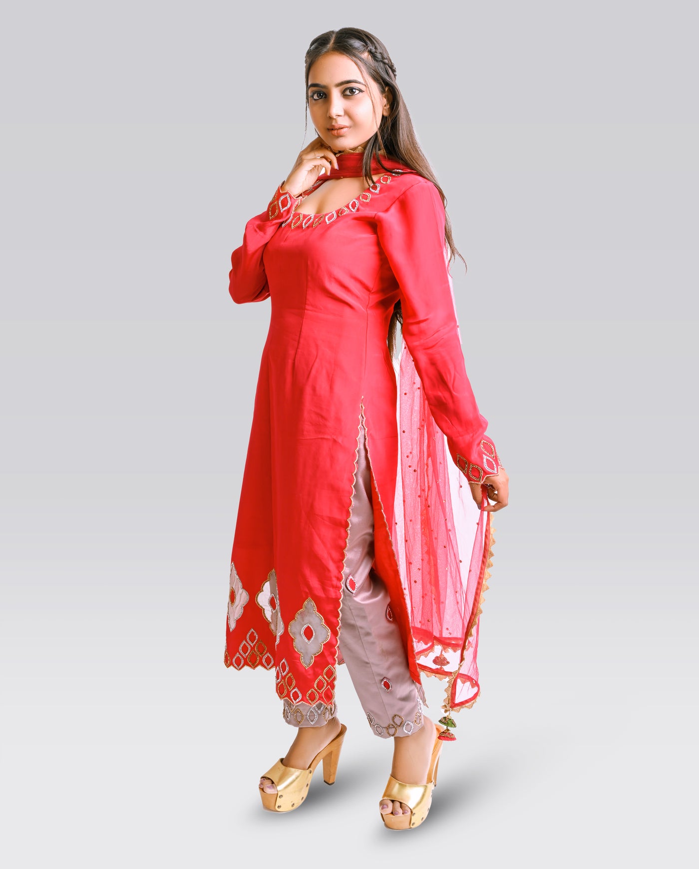 Tomato Crepe Salwar-Kameez - Indian Clothing in Denver, CO, Aurora, CO, Boulder, CO, Fort Collins, CO, Colorado Springs, CO, Parker, CO, Highlands Ranch, CO, Cherry Creek, CO, Centennial, CO, and Longmont, CO. Nationwide shipping USA - India Fashion X