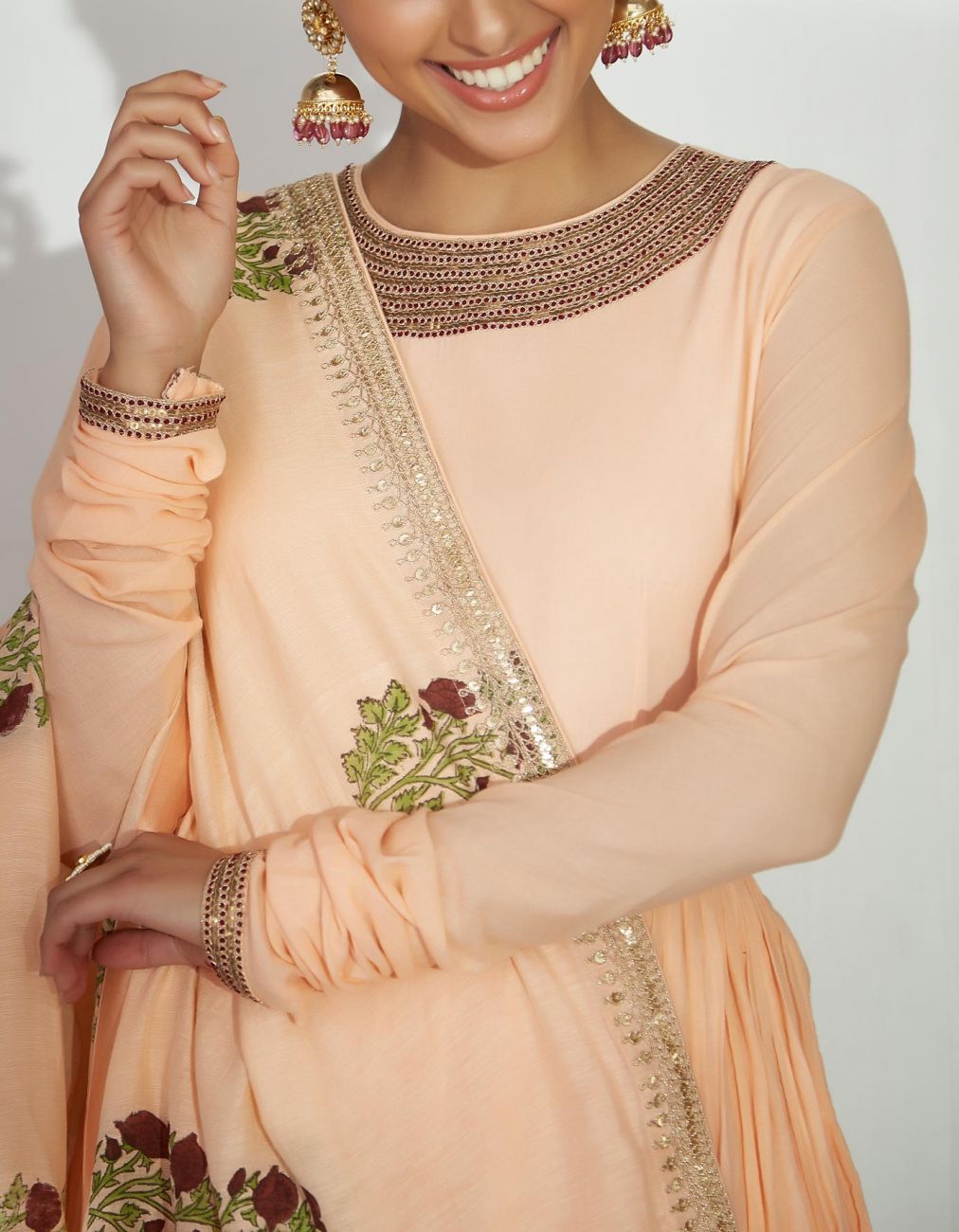 Peach Embroidered Anarkali Set - Indian Clothing in Denver, CO, Aurora, CO, Boulder, CO, Fort Collins, CO, Colorado Springs, CO, Parker, CO, Highlands Ranch, CO, Cherry Creek, CO, Centennial, CO, and Longmont, CO. Nationwide shipping USA - India Fashion X