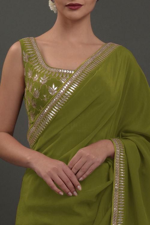Saree in Avocado Green in Silver Embroidery - Indian Clothing in Denver, CO, Aurora, CO, Boulder, CO, Fort Collins, CO, Colorado Springs, CO, Parker, CO, Highlands Ranch, CO, Cherry Creek, CO, Centennial, CO, and Longmont, CO. Nationwide shipping USA - India Fashion X
