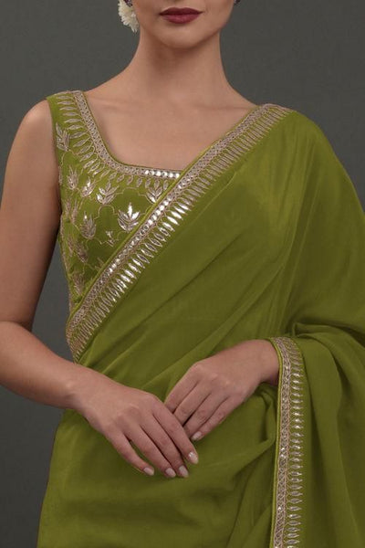 Saree in Avocado Green in Silver Embroidery - Indian Clothing in Denver, CO, Aurora, CO, Boulder, CO, Fort Collins, CO, Colorado Springs, CO, Parker, CO, Highlands Ranch, CO, Cherry Creek, CO, Centennial, CO, and Longmont, CO. Nationwide shipping USA - India Fashion X