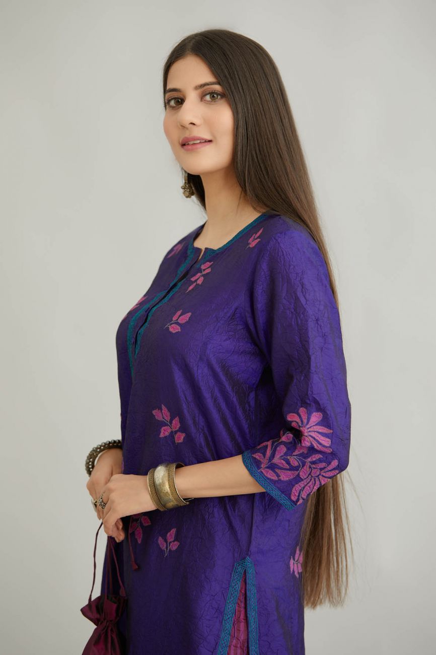 Purple Crushed Silk Kurta Set - Indian Clothing in Denver, CO, Aurora, CO, Boulder, CO, Fort Collins, CO, Colorado Springs, CO, Parker, CO, Highlands Ranch, CO, Cherry Creek, CO, Centennial, CO, and Longmont, CO. Nationwide shipping USA - India Fashion X