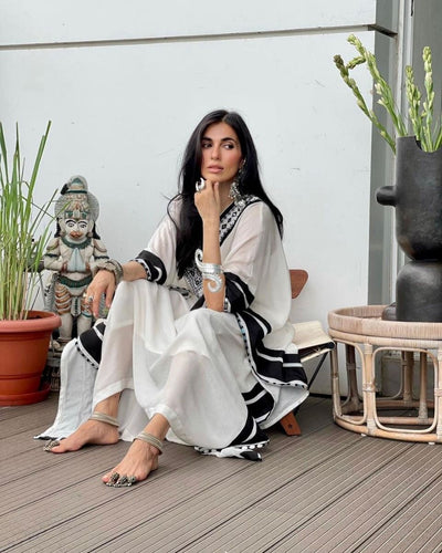 Ebony and Ivory Kaftan - Indian Clothing in Denver, CO, Aurora, CO, Boulder, CO, Fort Collins, CO, Colorado Springs, CO, Parker, CO, Highlands Ranch, CO, Cherry Creek, CO, Centennial, CO, and Longmont, CO. Nationwide shipping USA - India Fashion X