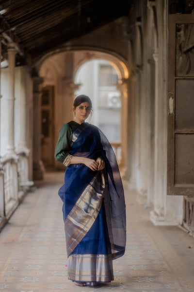 Navy Blue Organza Saree - Indian Clothing in Denver, CO, Aurora, CO, Boulder, CO, Fort Collins, CO, Colorado Springs, CO, Parker, CO, Highlands Ranch, CO, Cherry Creek, CO, Centennial, CO, and Longmont, CO. Nationwide shipping USA - India Fashion X